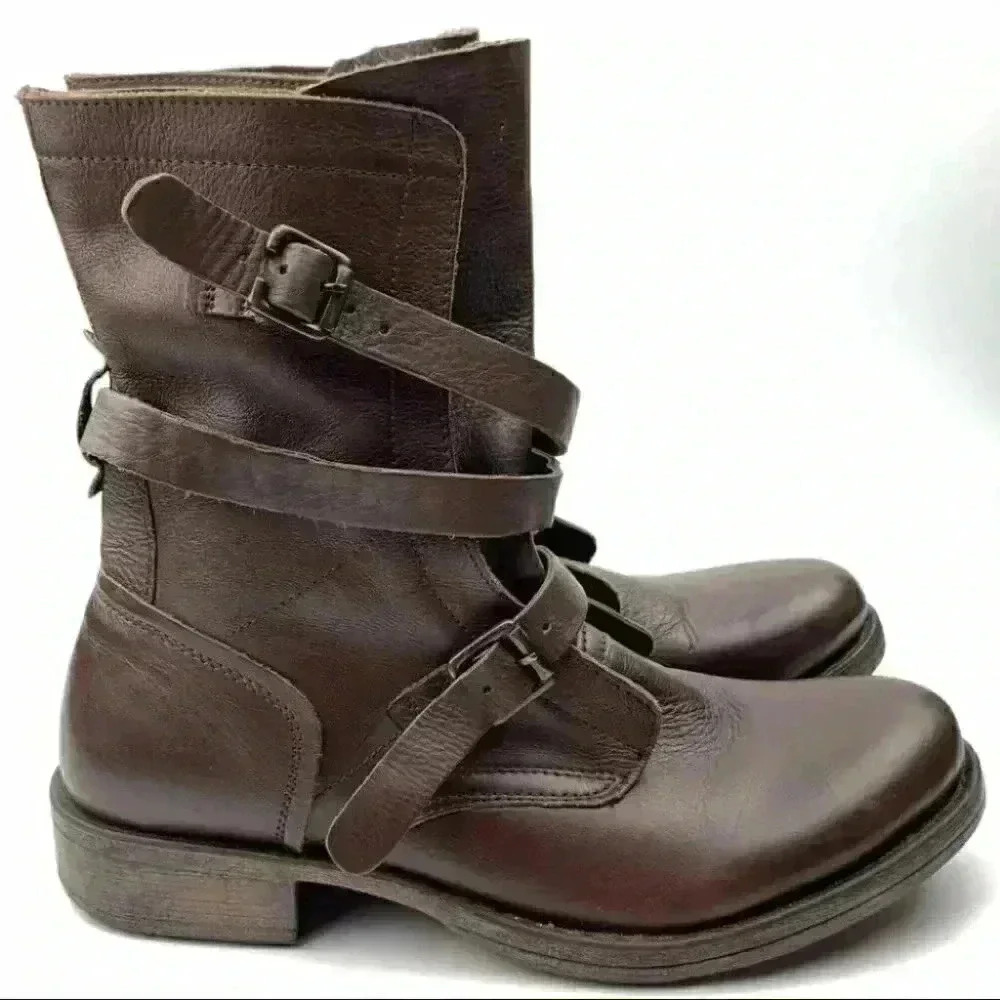 Dina true womens mid calf moto boots size 7 brown leather - Picture 1 of 10